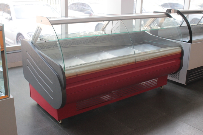 Tipo de cristal de acero inoxidable puerta de la aleta de la puerta principal del gabinete de exhibición de la carne del filp del gabinete de la carne fresca con   looker 4